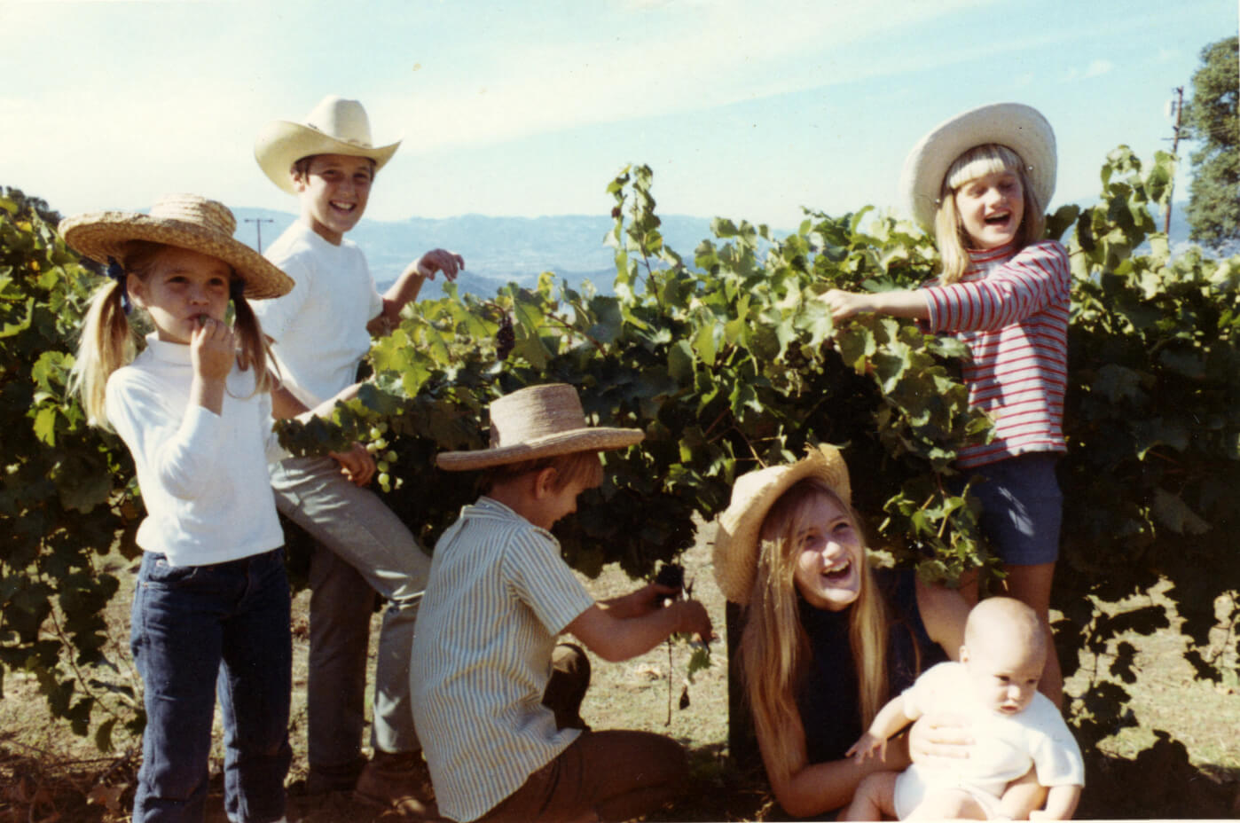 five children wearing hats with a baby in vineyard
