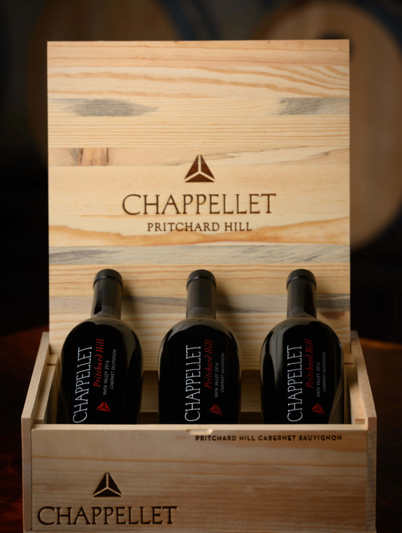 Chappellet pritchard hill bottles inside wooden box