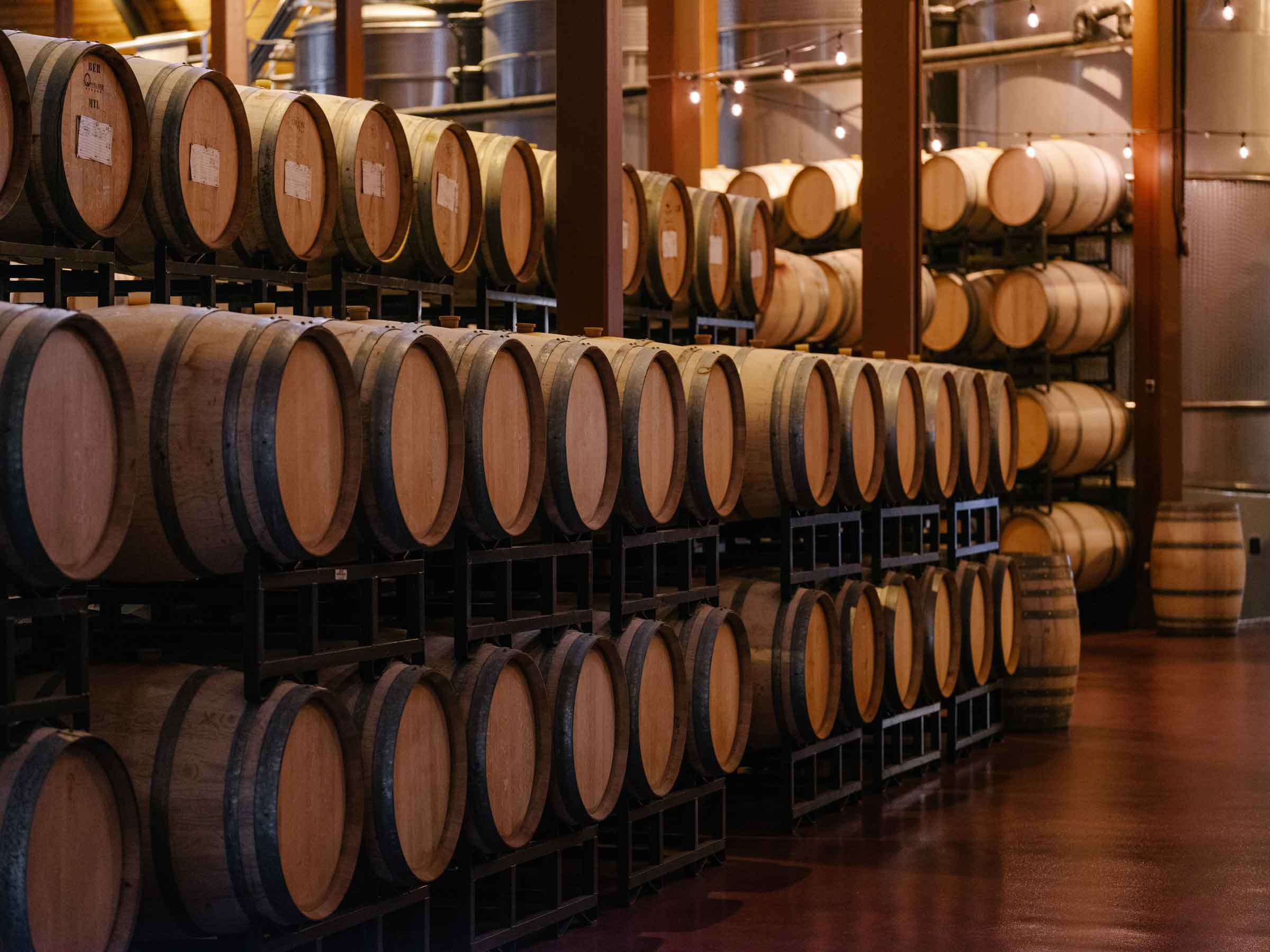 A photo of chardonnay and pinot noir wine barrels